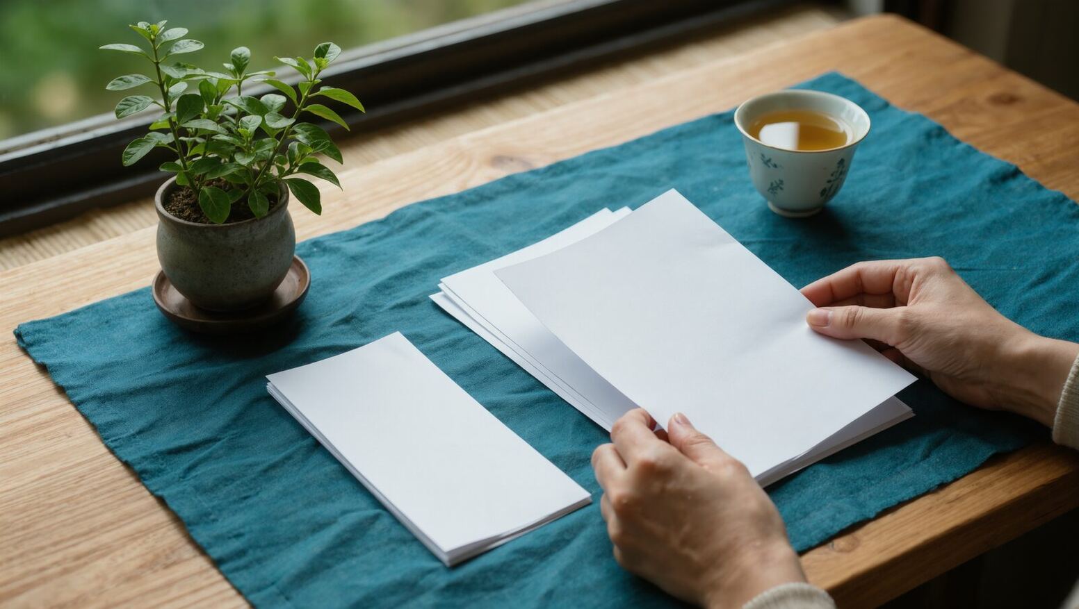 窓辺の木のテーブルで白い書類を整理する手元