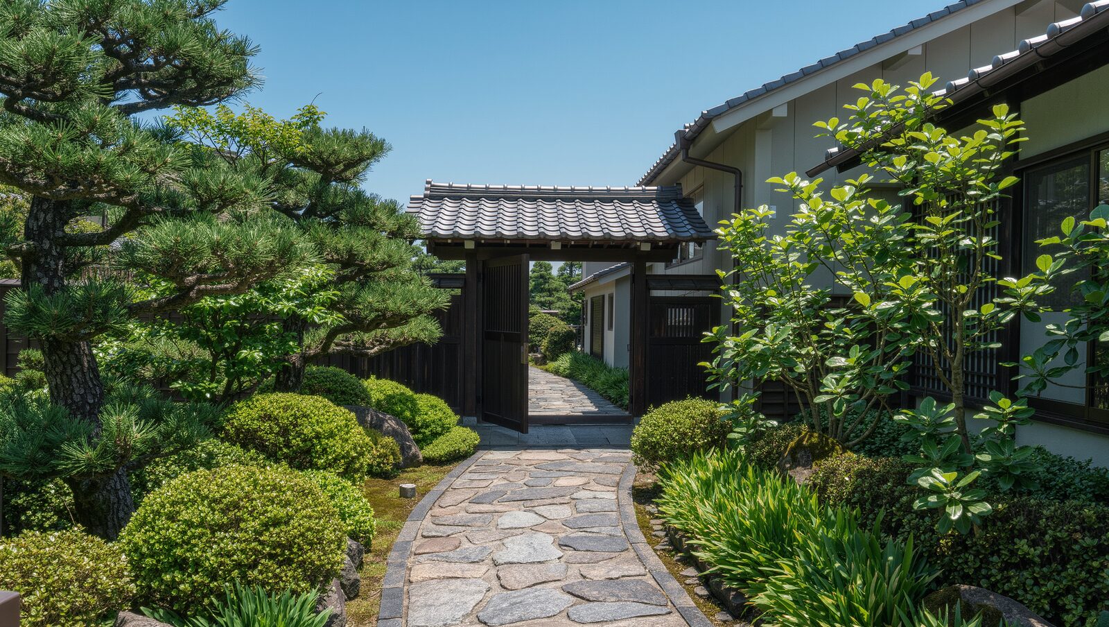 緑に囲まれた石畳の道が、開いた門と住まいへ続く朝の風景