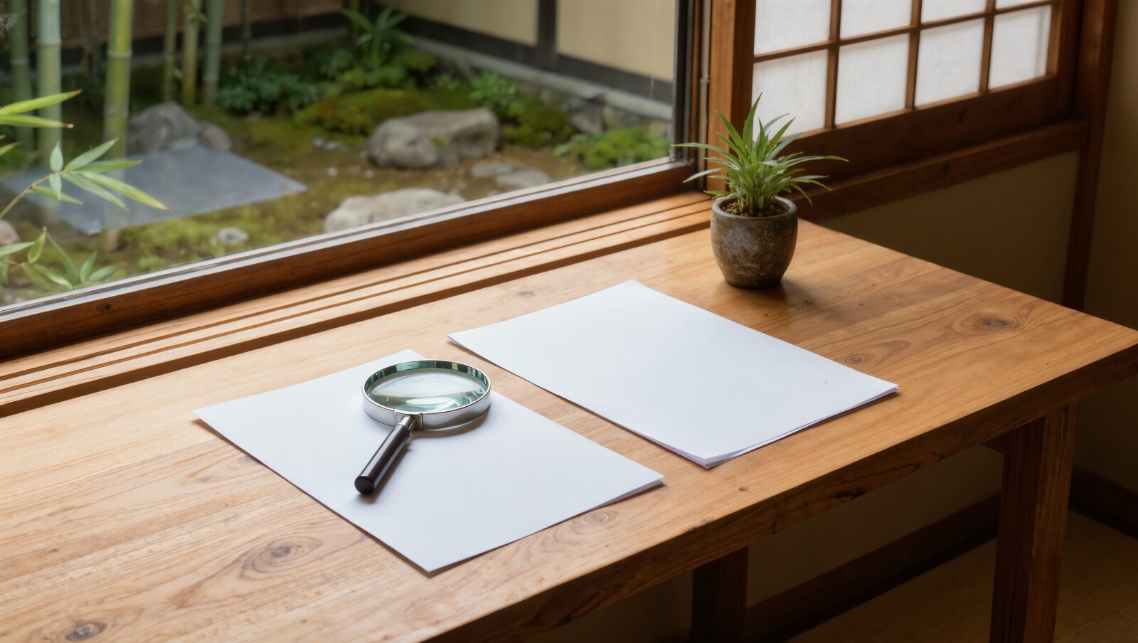 窓辺の木の机に置かれた虫眼鏡と白い紙、小さな観葉植物