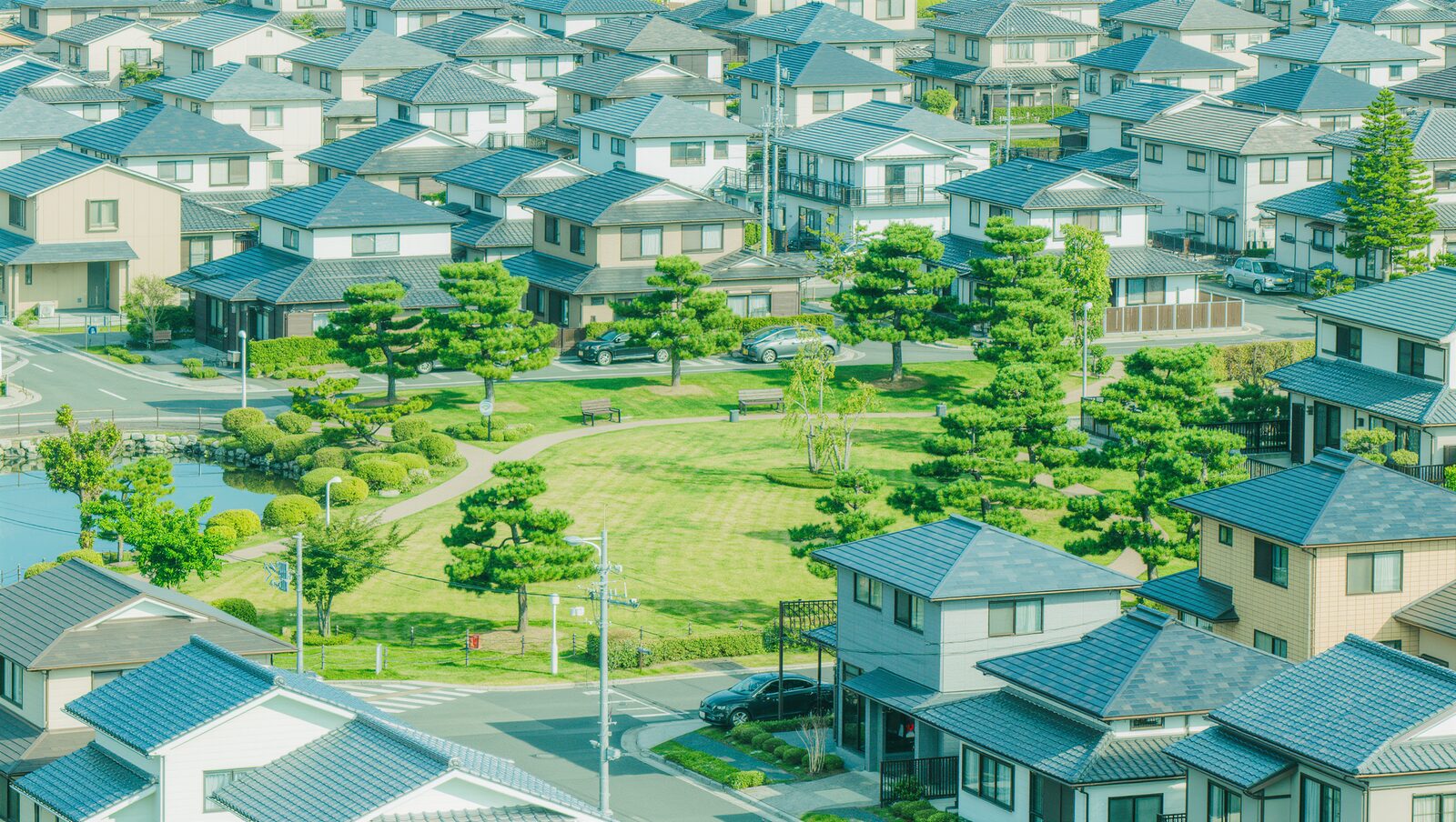 公園を囲む緑豊かな住宅街を見下ろす風景