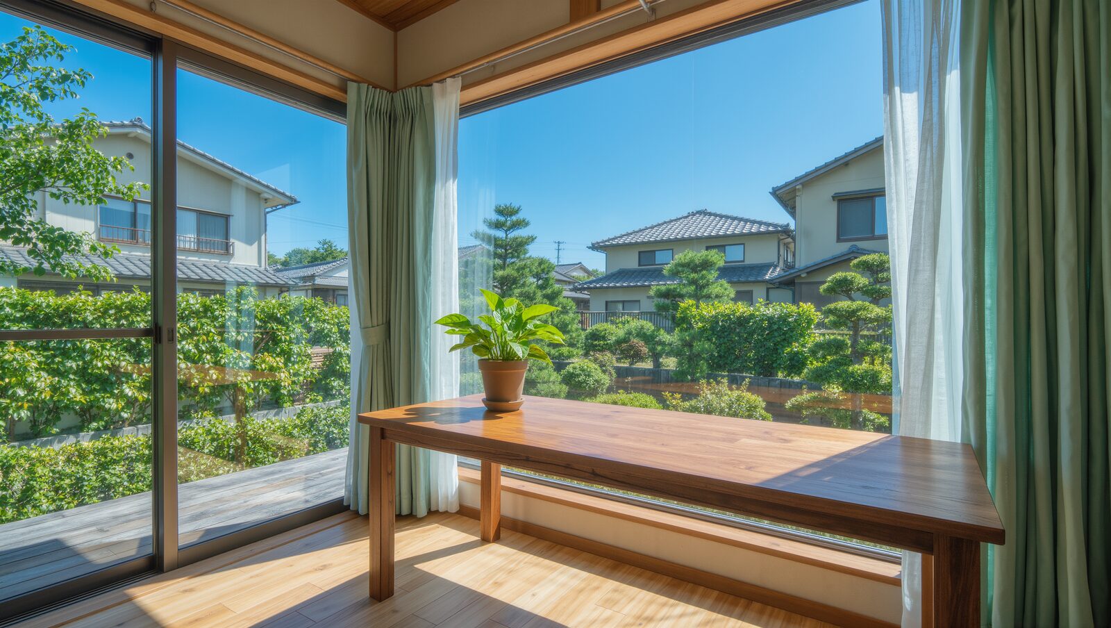 庭の緑と青空が見える明るいリビングの窓辺