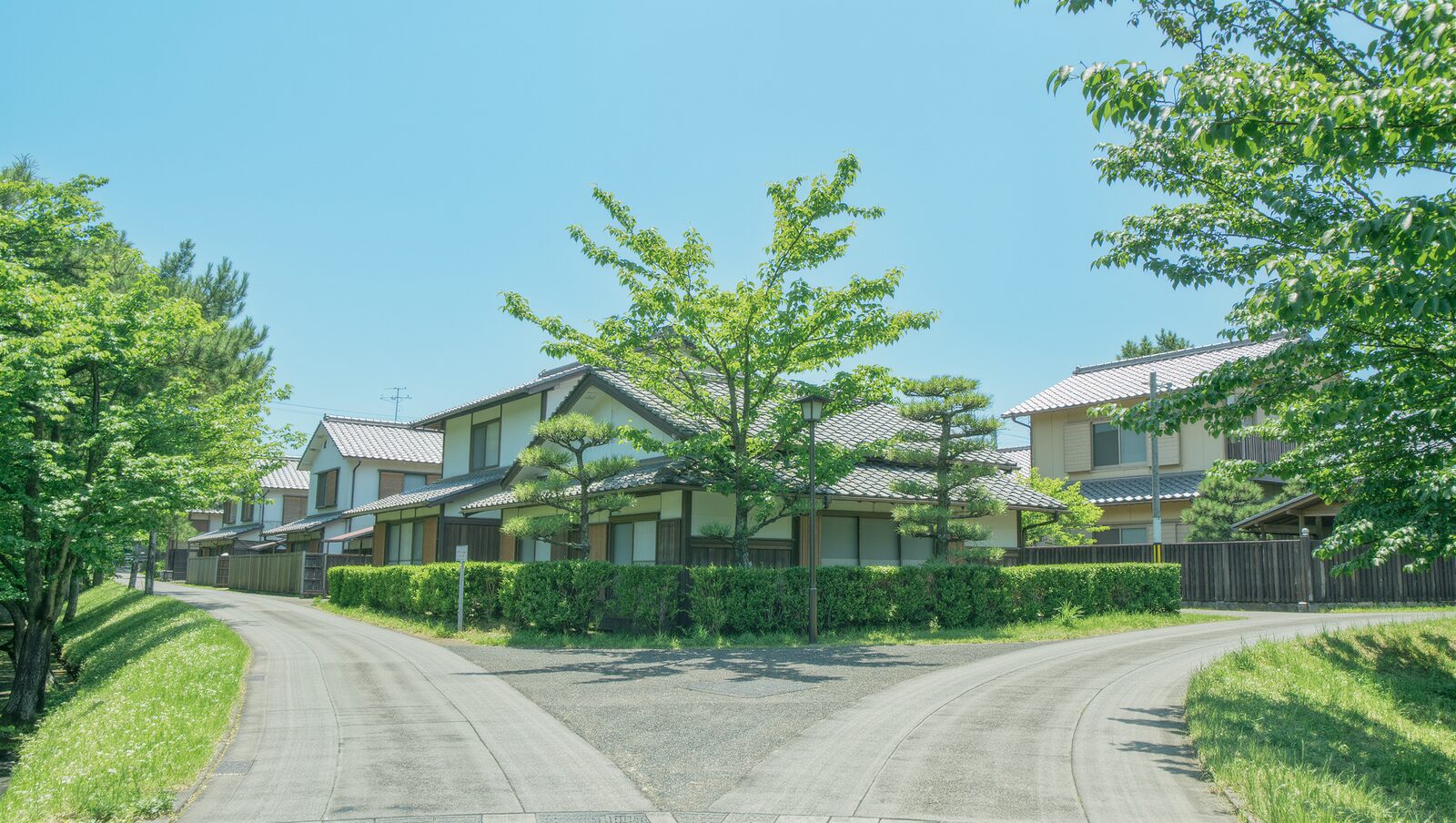 緑に囲まれた住宅街で二手に分かれる道