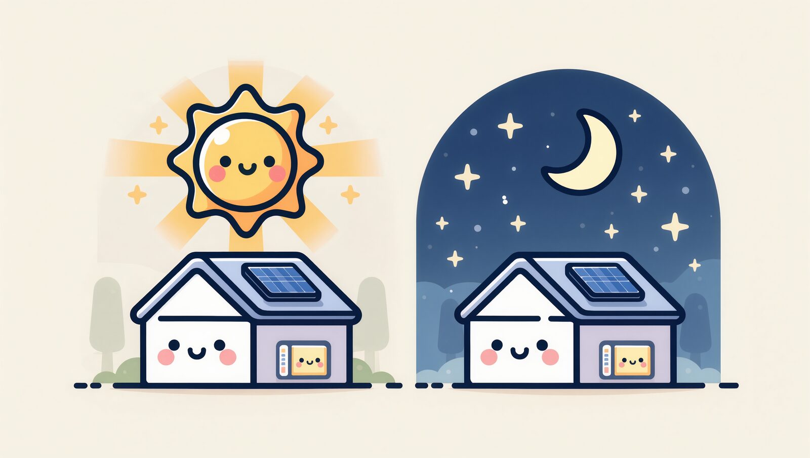 昼の太陽の下と夜の星空の下に並ぶ、蓄電池つきの笑顔の家