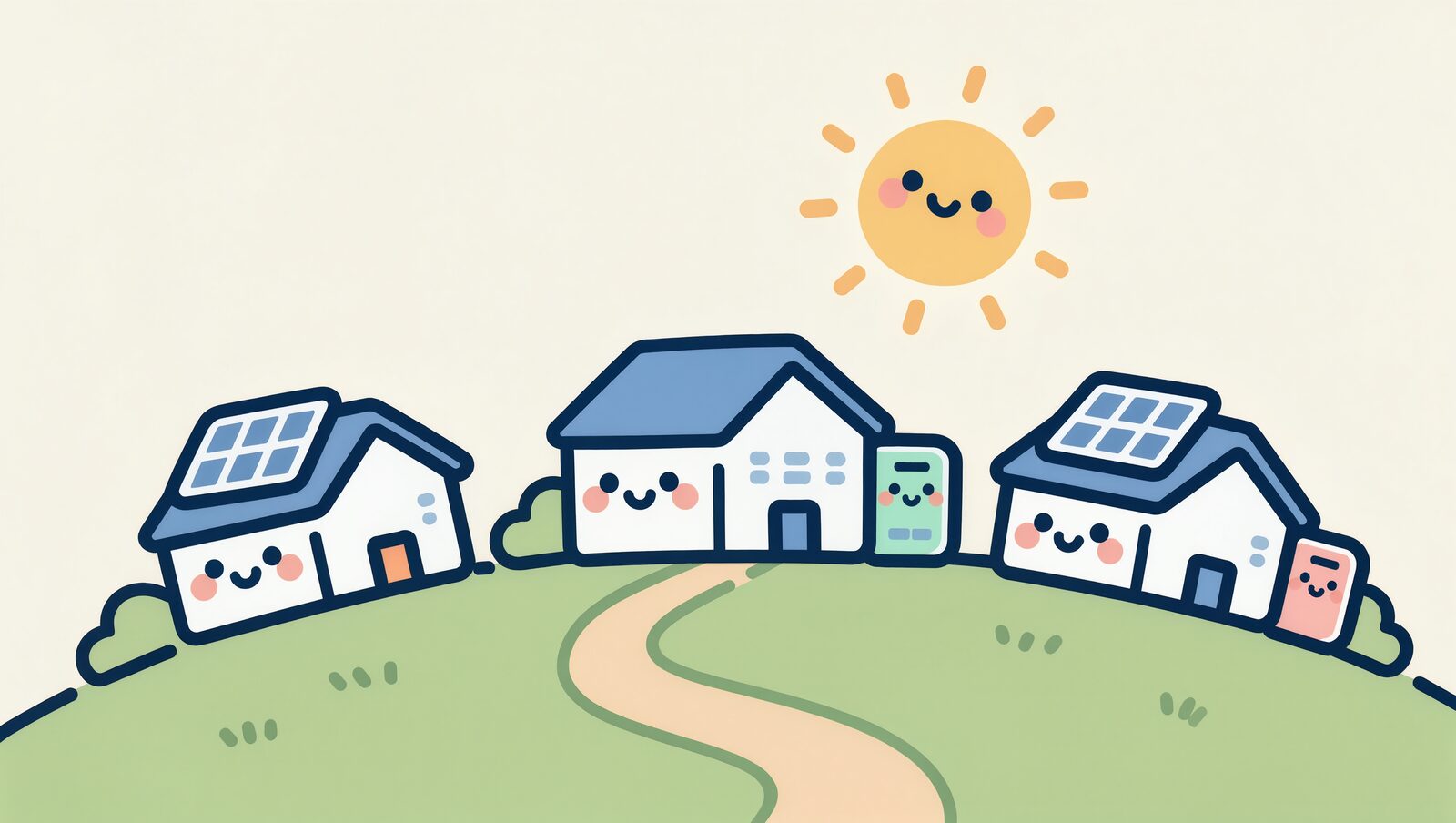 丘に並ぶ3軒の家。太陽光、蓄電池、その両方の3パターン
