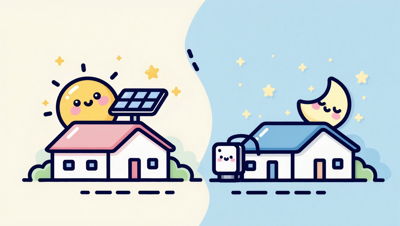 昼の太陽と太陽光の家、夜の月と蓄電池の家の対比