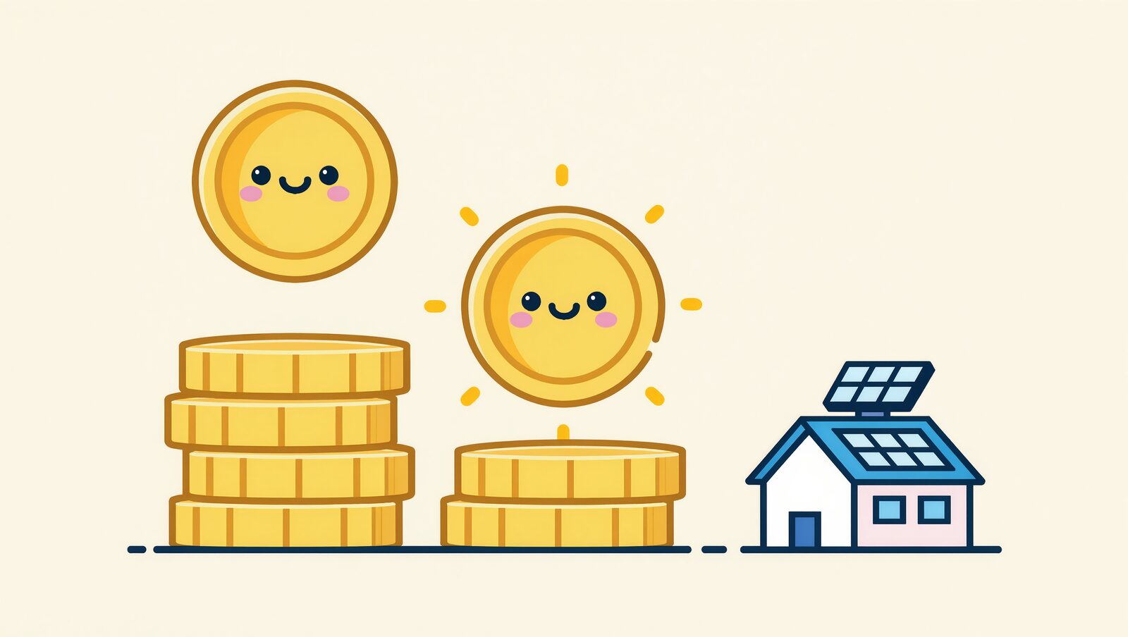 高さの違う2つの金貨の山と、太陽光パネルを載せた小さな家のイラスト