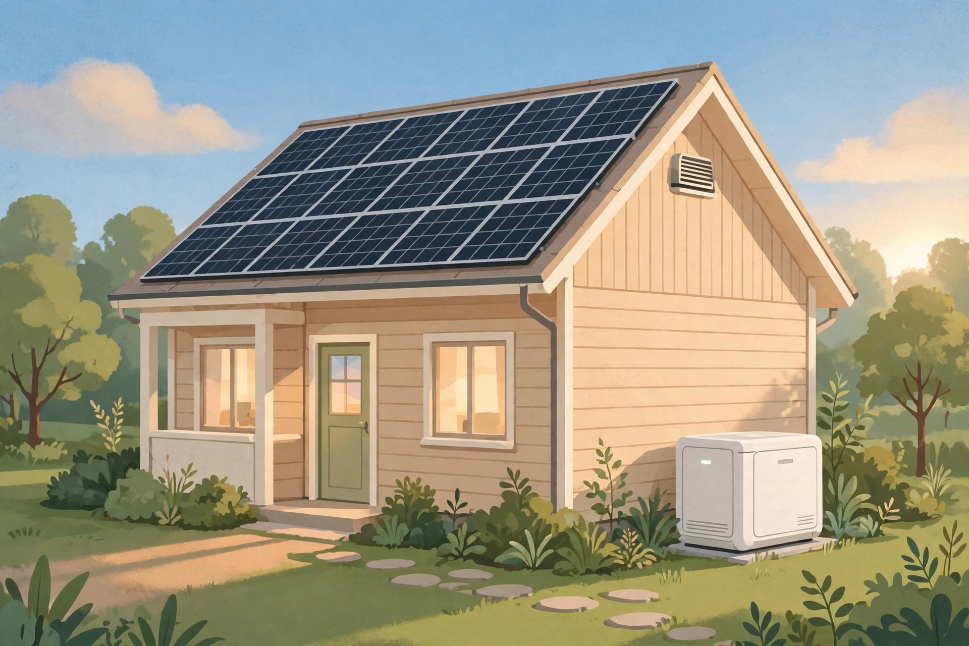 屋根に太陽光パネルを載せ、庭先に蓄電池を置いた戸建て住宅のイラスト
