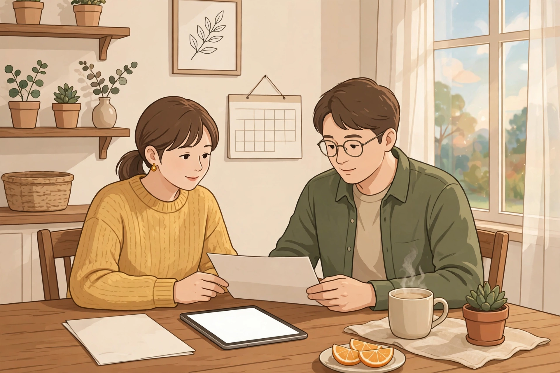 電気料金の明細を見ながら家族で相談しているイラスト