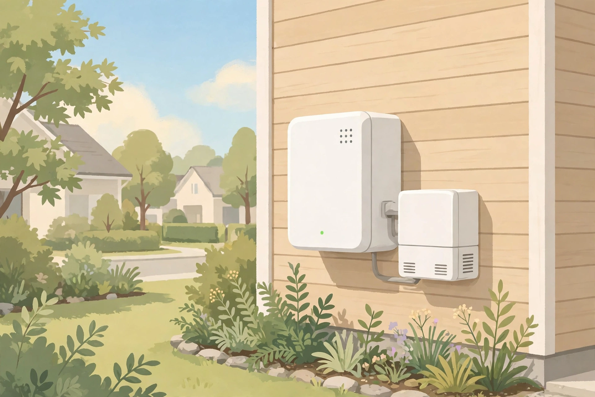 住宅の外壁際に設置された蓄電池ユニットとパワーコンディショナのイラスト