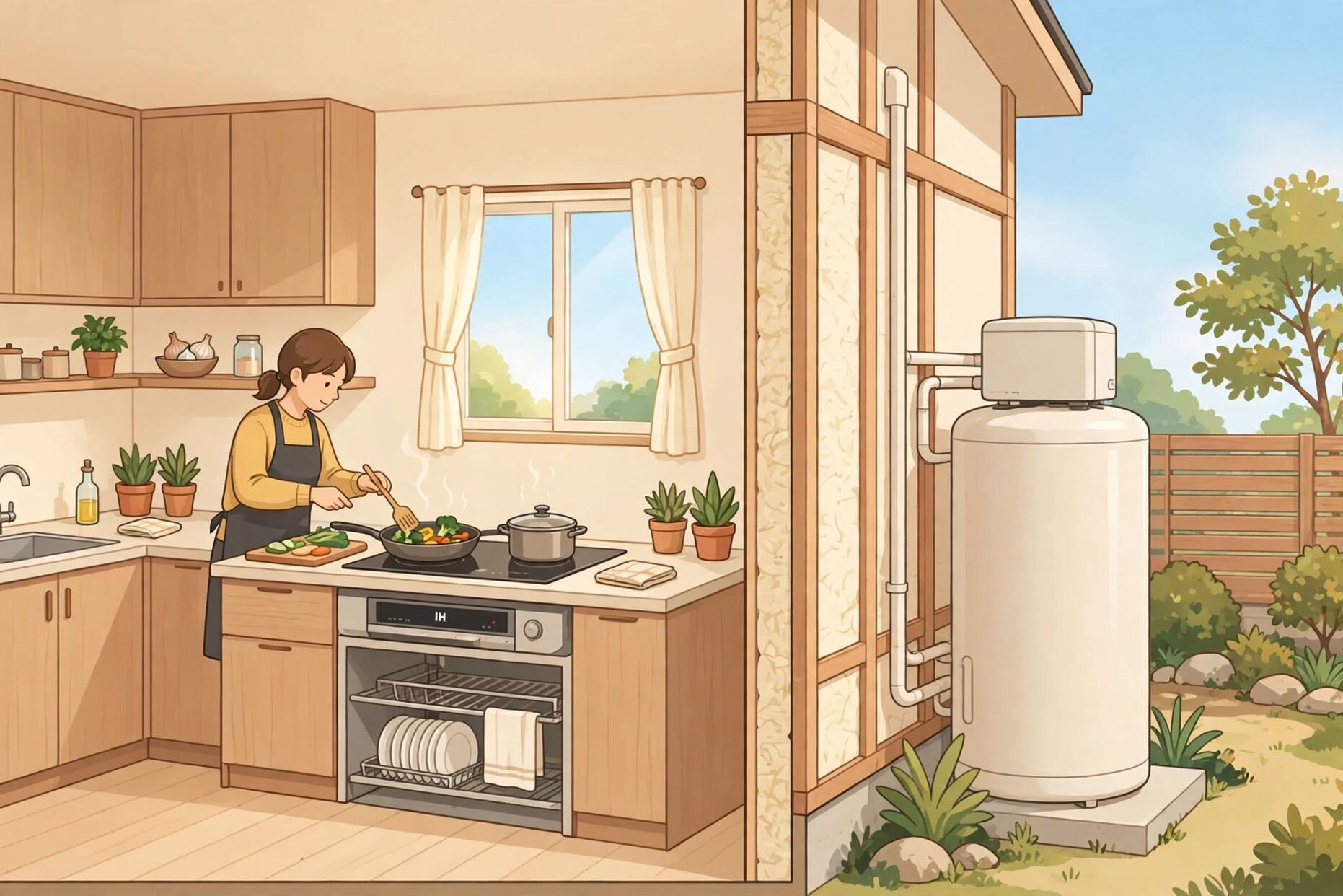 IHクッキングヒーターのあるオール電化住宅のキッチンのイラスト