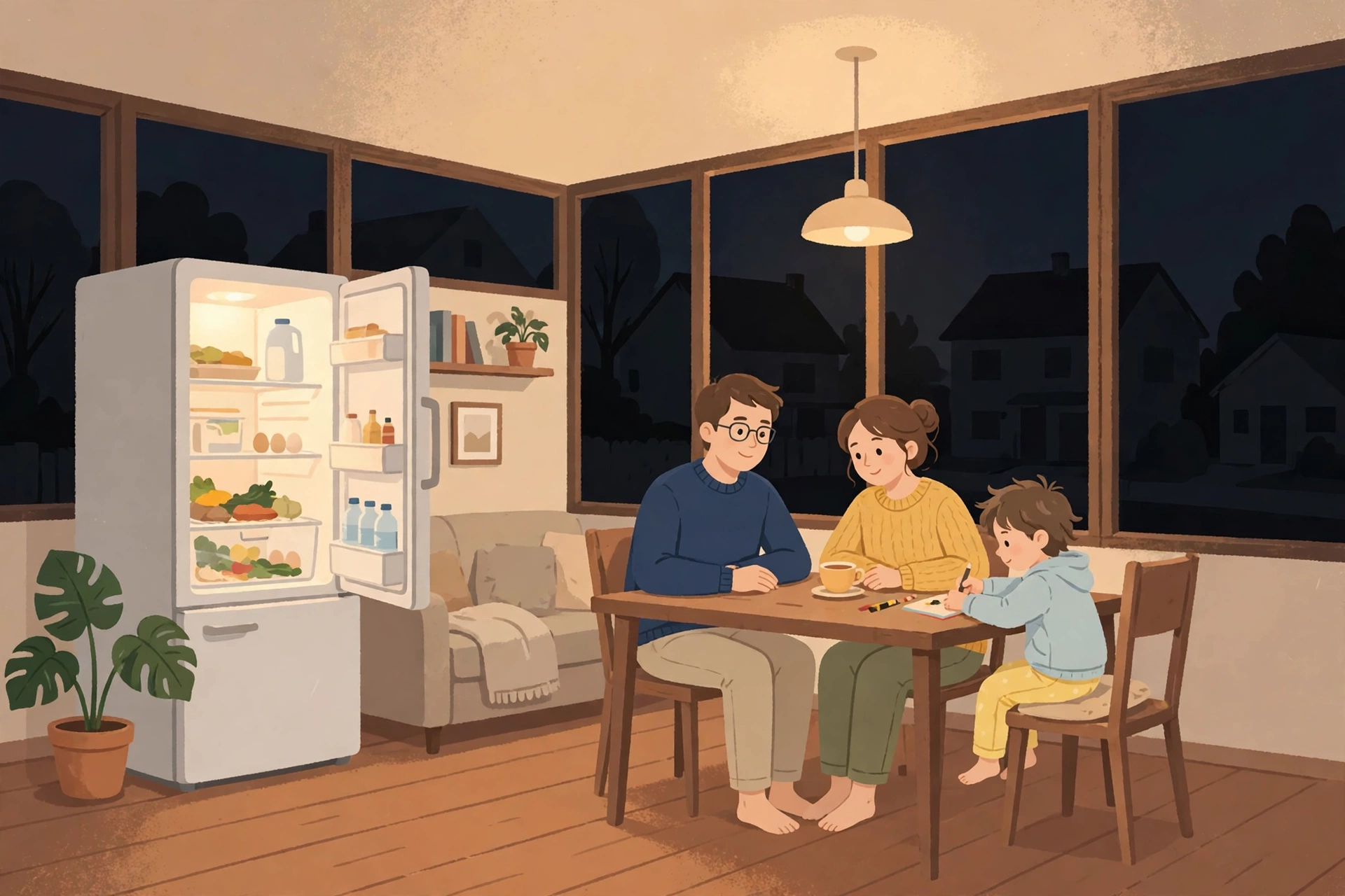 停電した夜に明かりのついたリビングで過ごす家族のイラスト