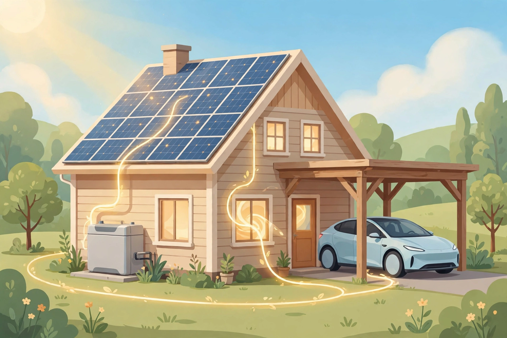 太陽光パネルと蓄電池と電気自動車のある住宅のイラスト