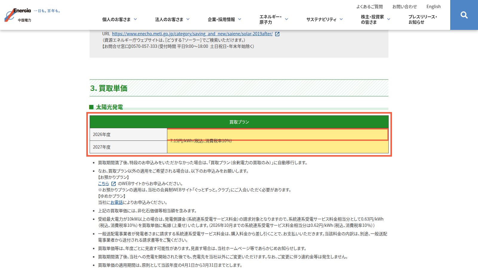 中国電力の卒FIT後の買取についてのページ