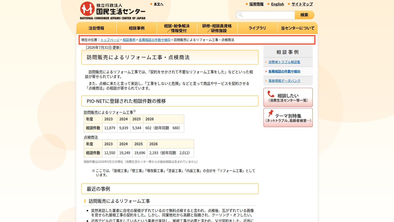 国民生活センターの「訪問販売によるリフォーム工事・点検商法」のページ